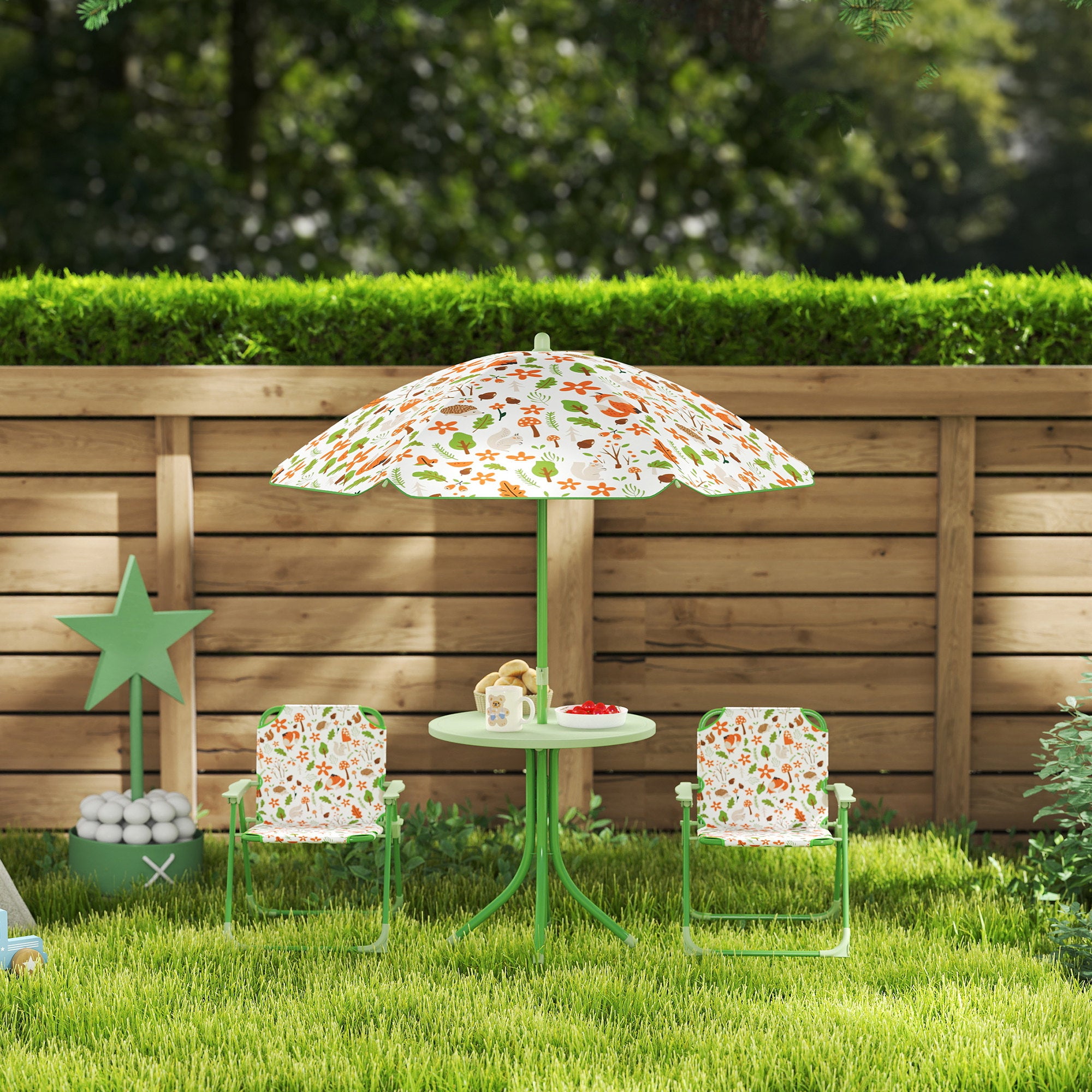 AIYAPLAY 4-Piece Kids Garden Table and Chair Set with Adjustable Parasol, Folding Chairs, Table, Nature Pattern, Green